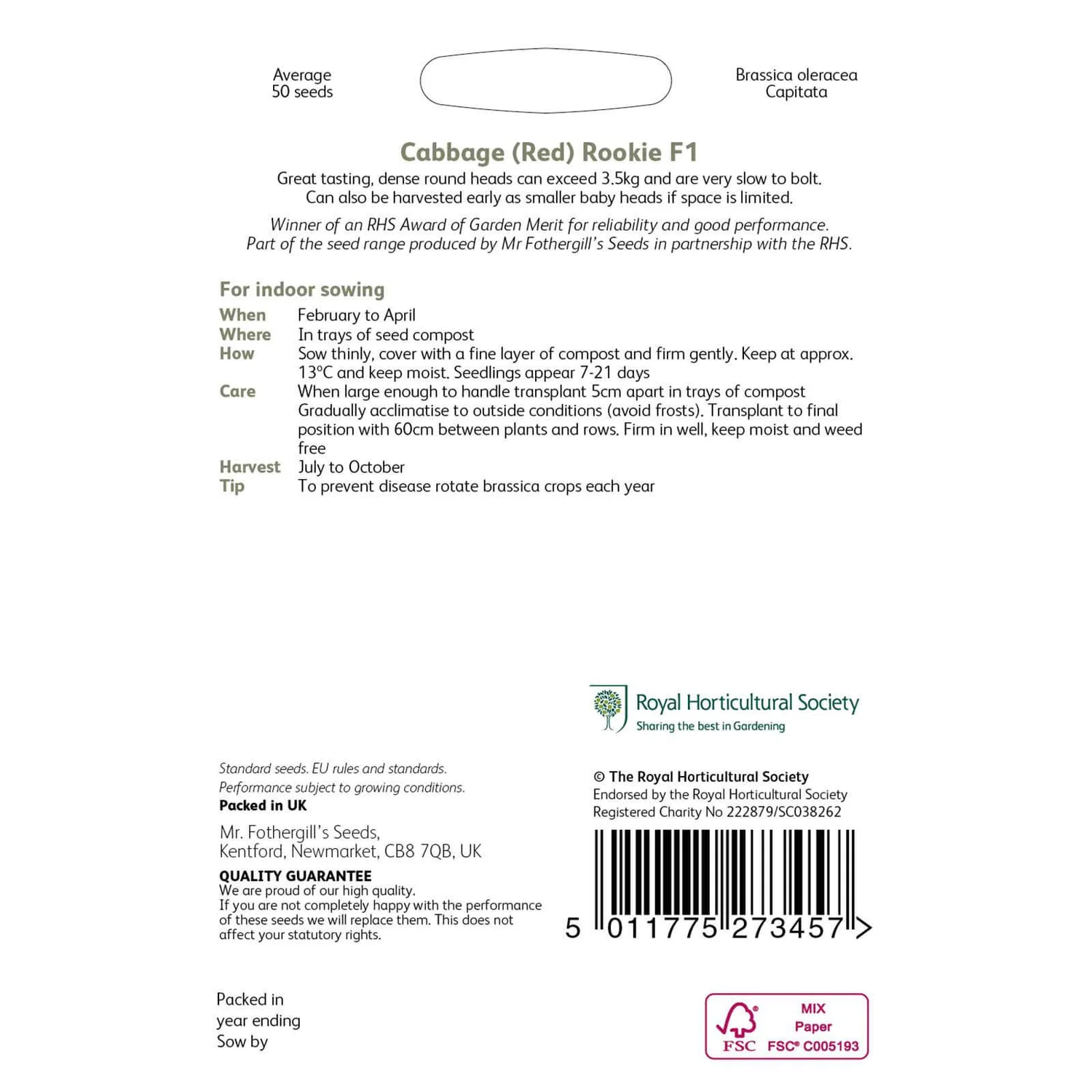 RHS Cabbage (Red) Rookie F1 Seeds 4 RHS Cabbage (Red) Rookie F1 Seeds - Image 2