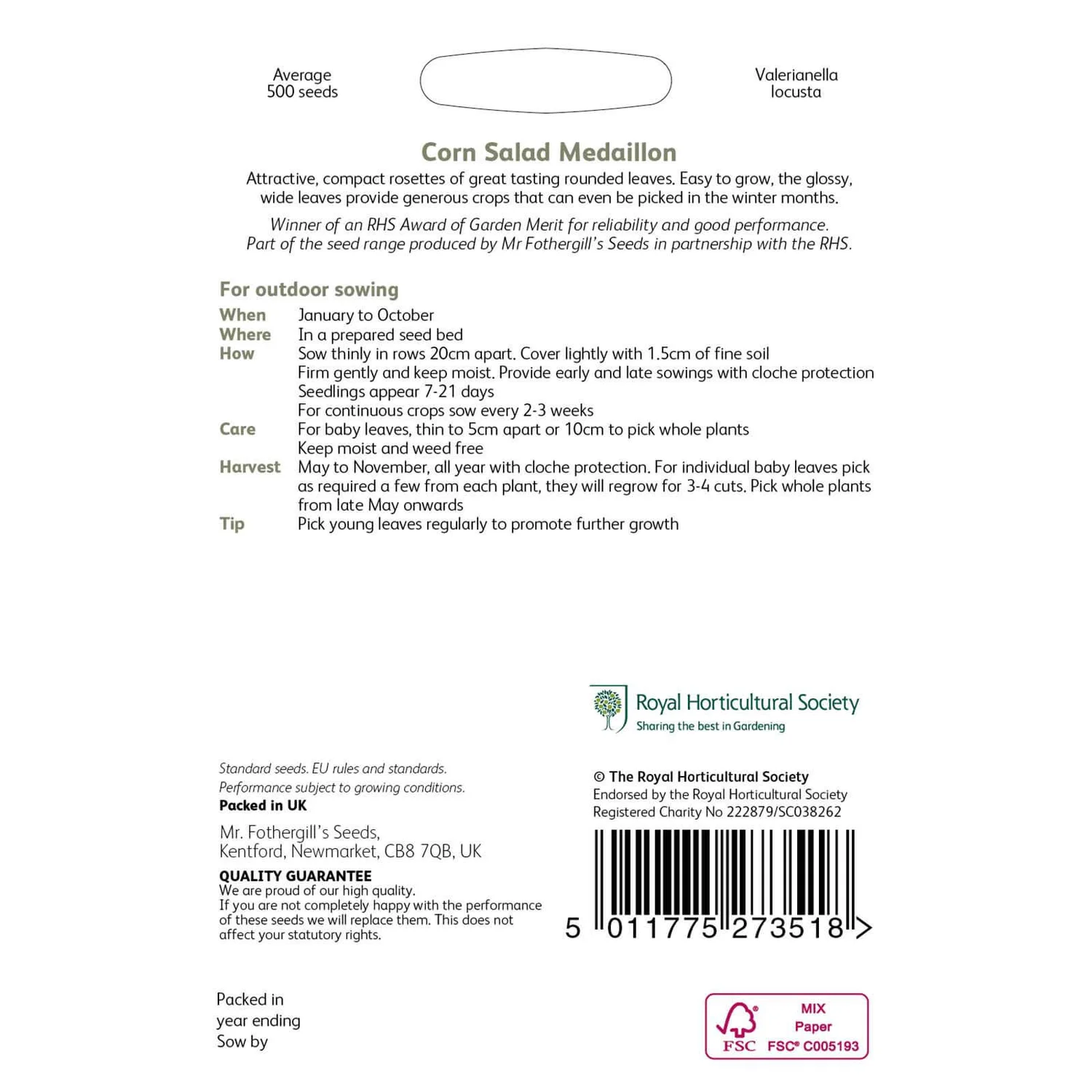 RHS Corn Salad Medaillon Seeds 4 RHS Corn Salad Medaillon Seeds - Image 2