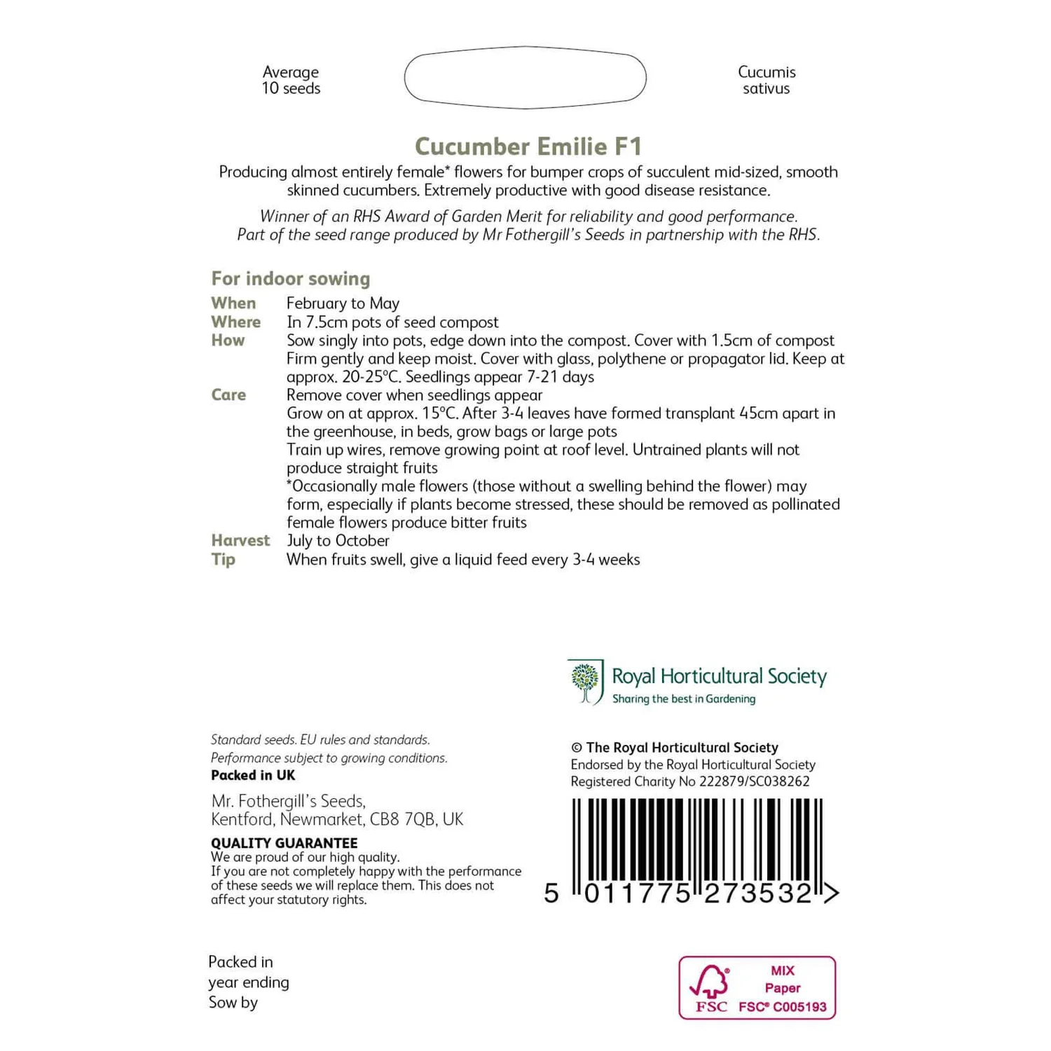 RHS Cucumber Emilie F1 Seeds 4 RHS Cucumber Emilie F1 Seeds - Image 2