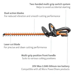 Worx WG260E.5 20V 2.0Ah Cordless Hedge Trimmer - 61cm -GreenScape Sales Store 13326412 9914900646513268