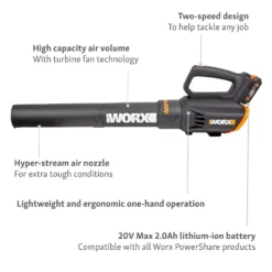 Worx WG547E Turbine 20V 2.0Ah Cordless Garden Blower -GreenScape Sales Store 13326414 7854900642900455